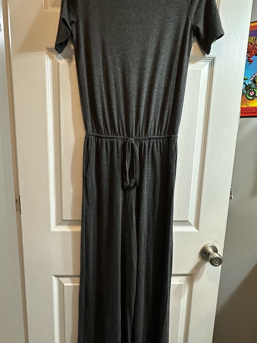 Zenana Outfitters Charcoal Short Sleeve Drawstring Jumpsuit
